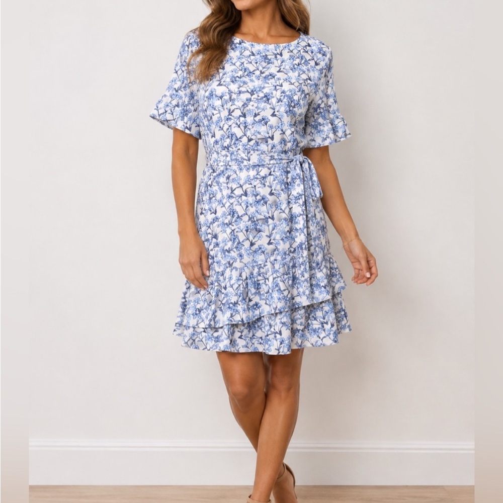 Banana Republic White and Blue Floral Tie-Waist Ruffle Mini Dress